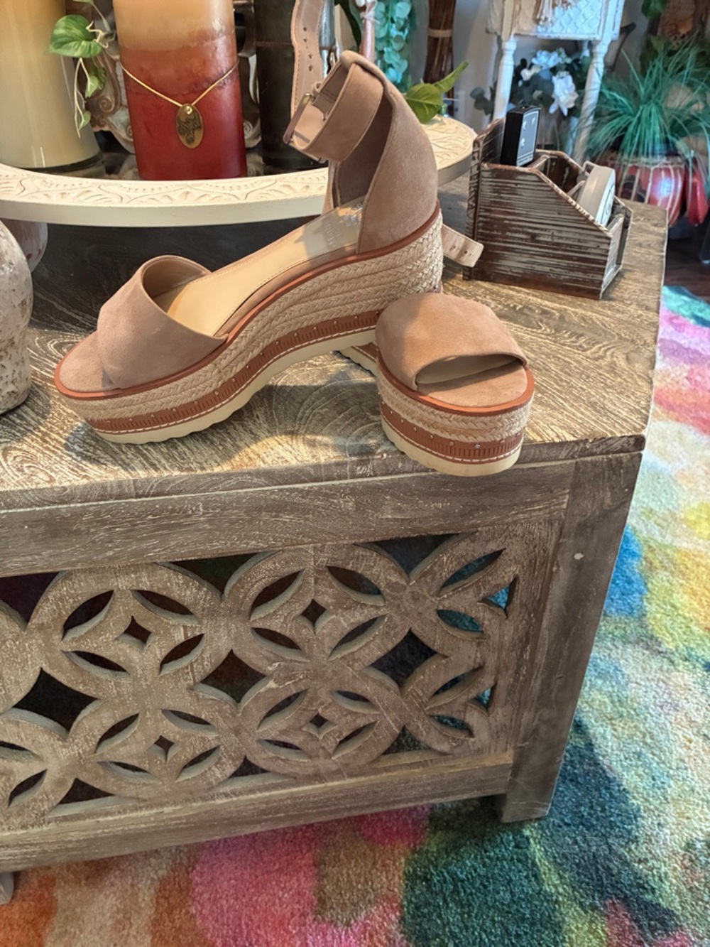 Vince Camuto Taupe Suede Platform Espadrille Sandals with Ankle Strap, size 8